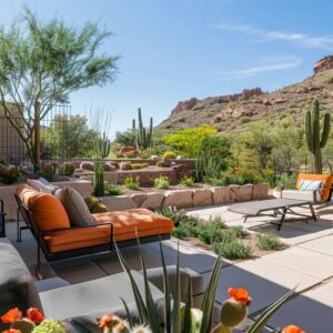 Beautifully landscaped outdoor space in Phoenix featuring native plants and outdoor living area