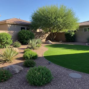 Beautifully maintained landscape in Phoenix showcasing high-end outdoor services with lush greenery and decorative hardscaping