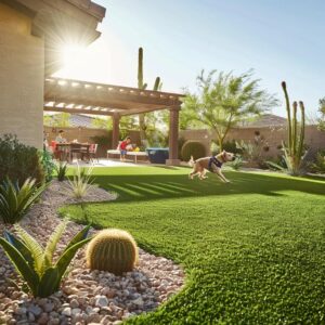 Family enjoying a lush artificial turf lawn in a Phoenix backyard with desert landscaping