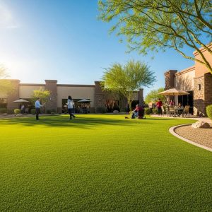Commercial property in Arizona with lush artificial grass, showcasing sustainable landscaping benefits