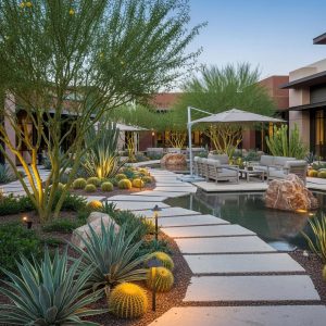 Luxurious commercial landscaping in Scottsdale with drought-resistant plants and elegant hardscaping